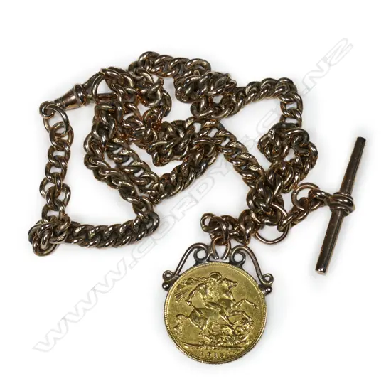 A 9ct rose gold fob chain with full sovereign,
