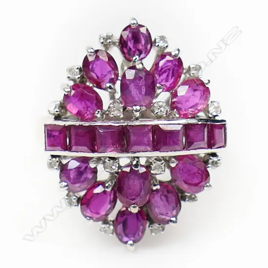 A 14ct white gold ruby and diamond ring,