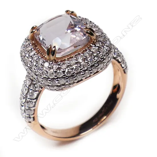 A 14ct rose gold kunzite and diamond cluster ring,