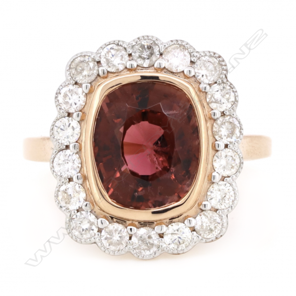 A 14ct rose and white gold pink tourmaline and diamond scalloped halo ring, Image 1++