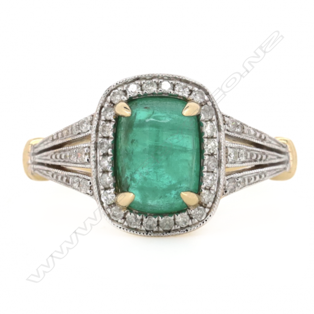 A 14ct gold emerald and diamond vintage style ring, Image 1++