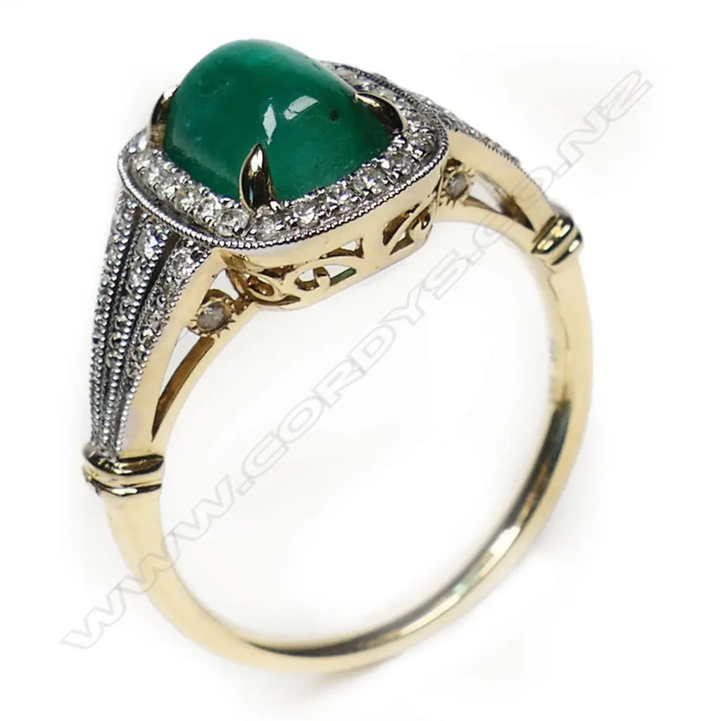 A 14ct gold emerald and diamond vintage style ring, Image 1++