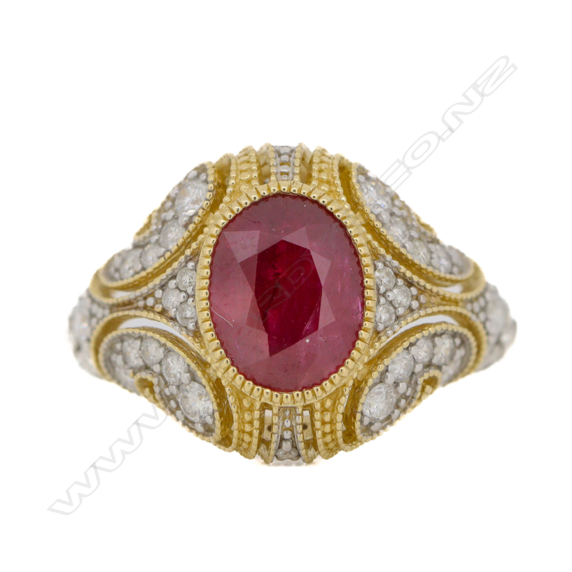 A 14ct gold ruby and diamond cluster statement ring, Image 1++