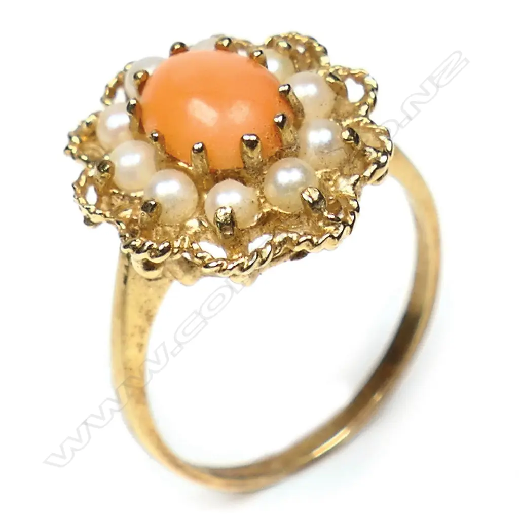 A 14ct yellow gold coral and seed pearl cluster ring, Image 1++