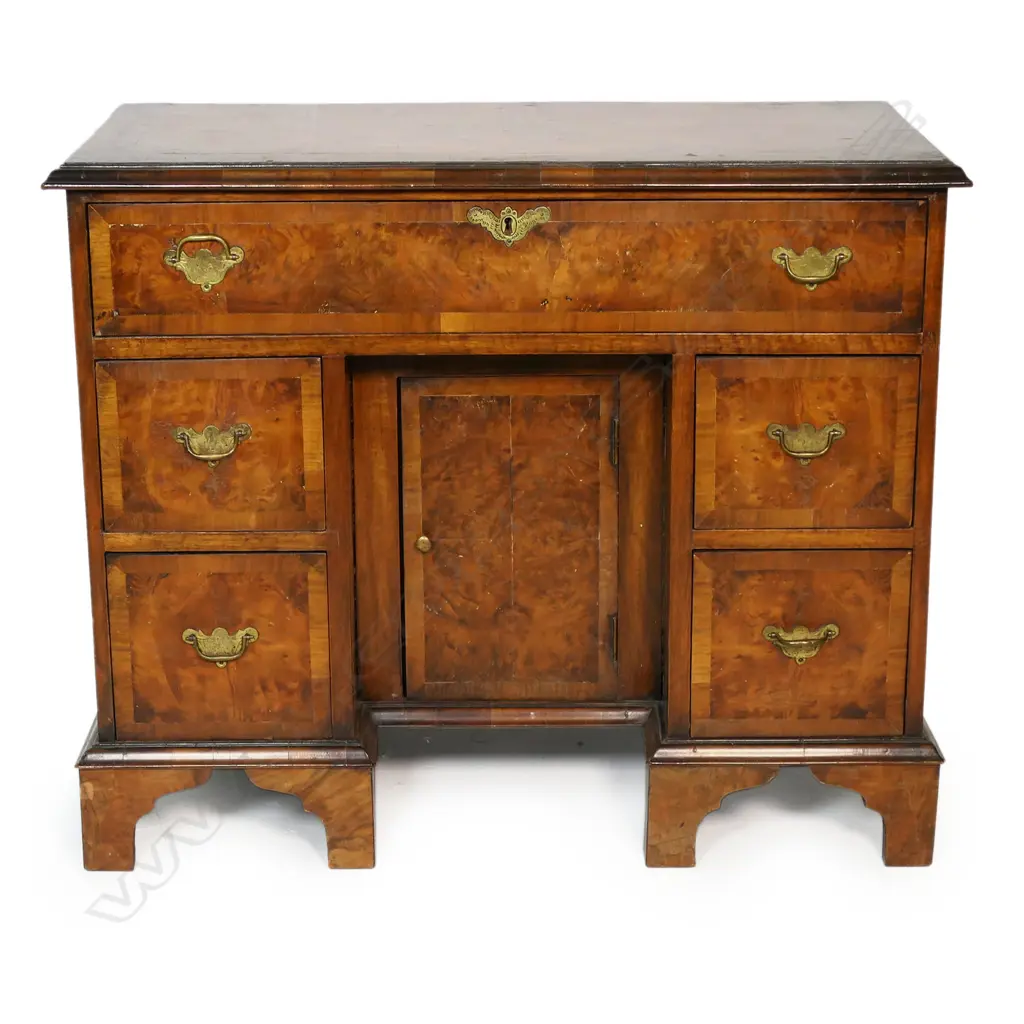 A 19thC figured walnut panelled ladies knee hole desk in the Queen Anne style, Image 1++