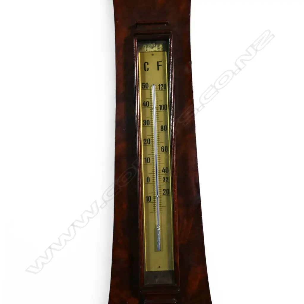 A William IV flame mahogany banjo barometer the main silvered dial named Kerner of Nottingham. The Thermometer a later replacement. H.1020mm. Image 1++