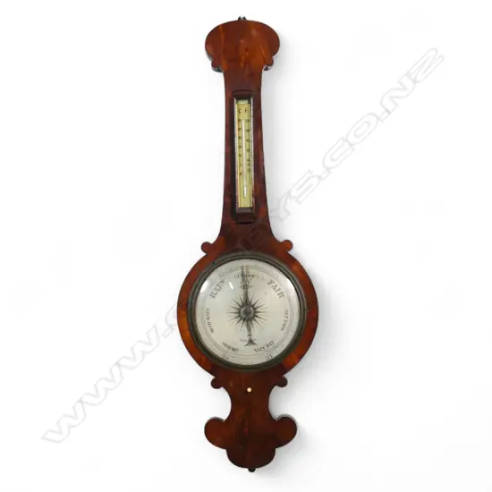 A William IV flame mahogany banjo barometer the main silvered dial named Kerner of Nottingham. The Thermometer a later replacement. H.1020mm.