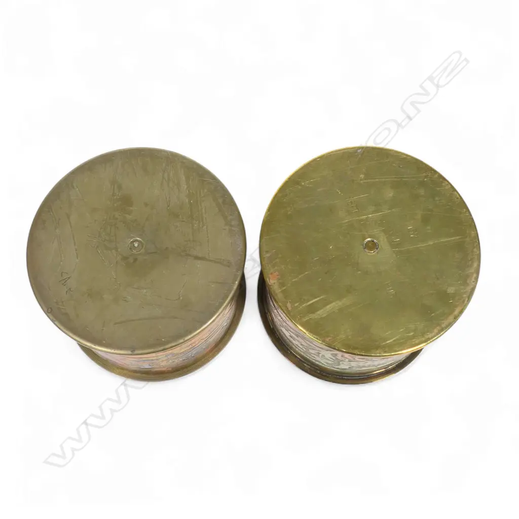 Two WW1 trench art brass large shell case Persian decorated lidded canisters, Image 1++