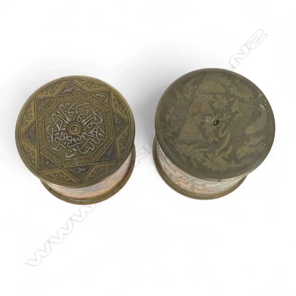 Two WW1 trench art brass large shell case Persian decorated lidded canisters, Image 1++