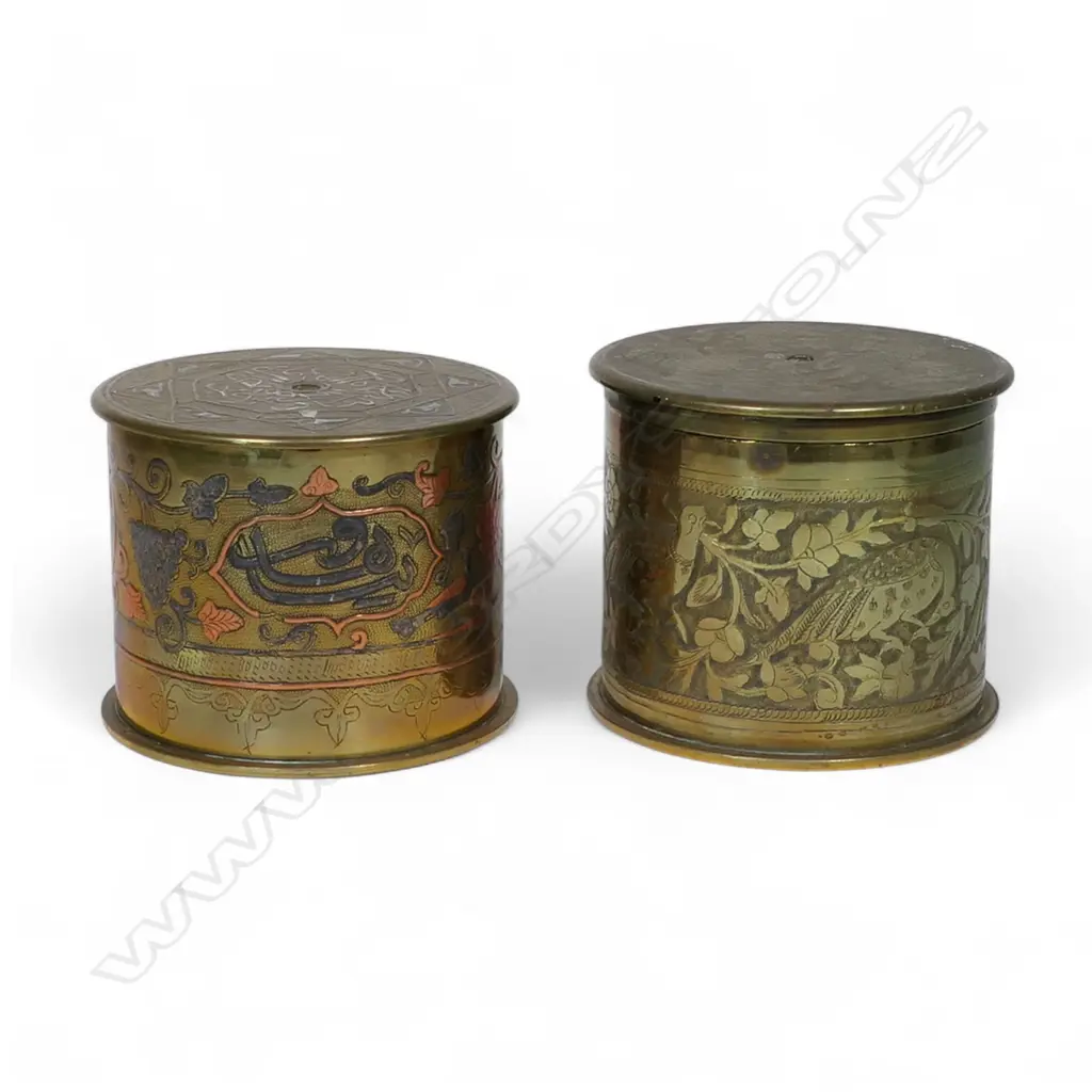 Two WW1 trench art brass large shell case Persian decorated lidded canisters, Image 1++