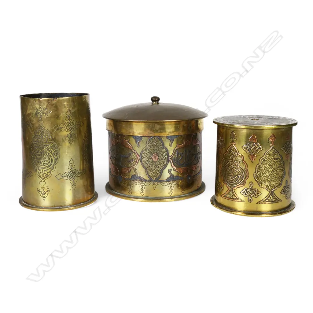 Three WW1 trench art brass large shell case Persian decorated canisters, Image 1++