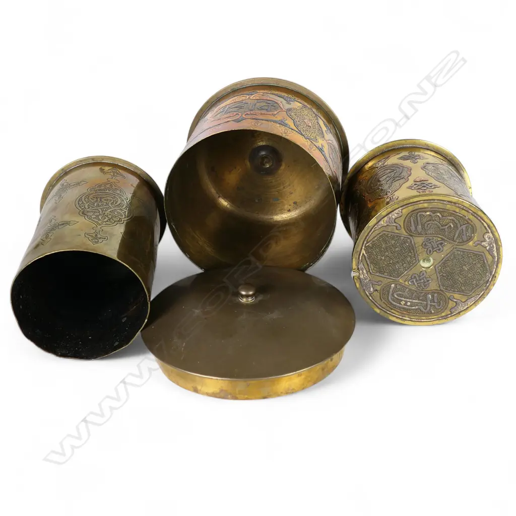 Three WW1 trench art brass large shell case Persian decorated canisters, Image 1++