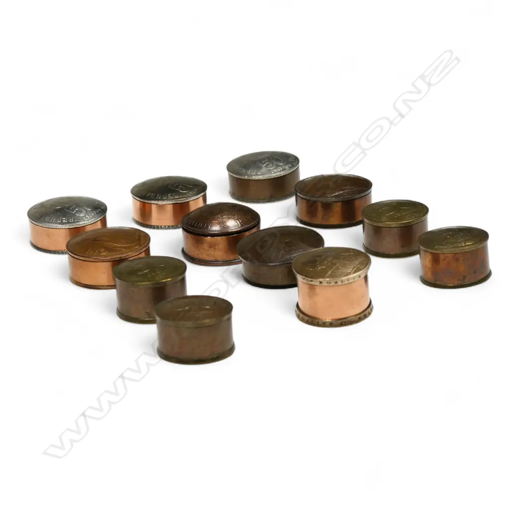 A collection of 12 various trench art style modified coin boxes, Image 1++