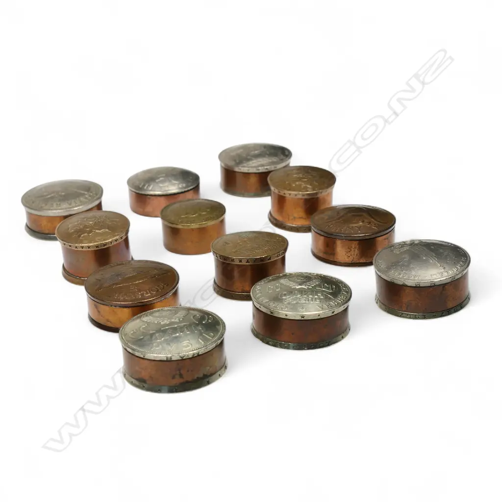 A collection of 12 various trench art style modified coin boxes, Image 1++