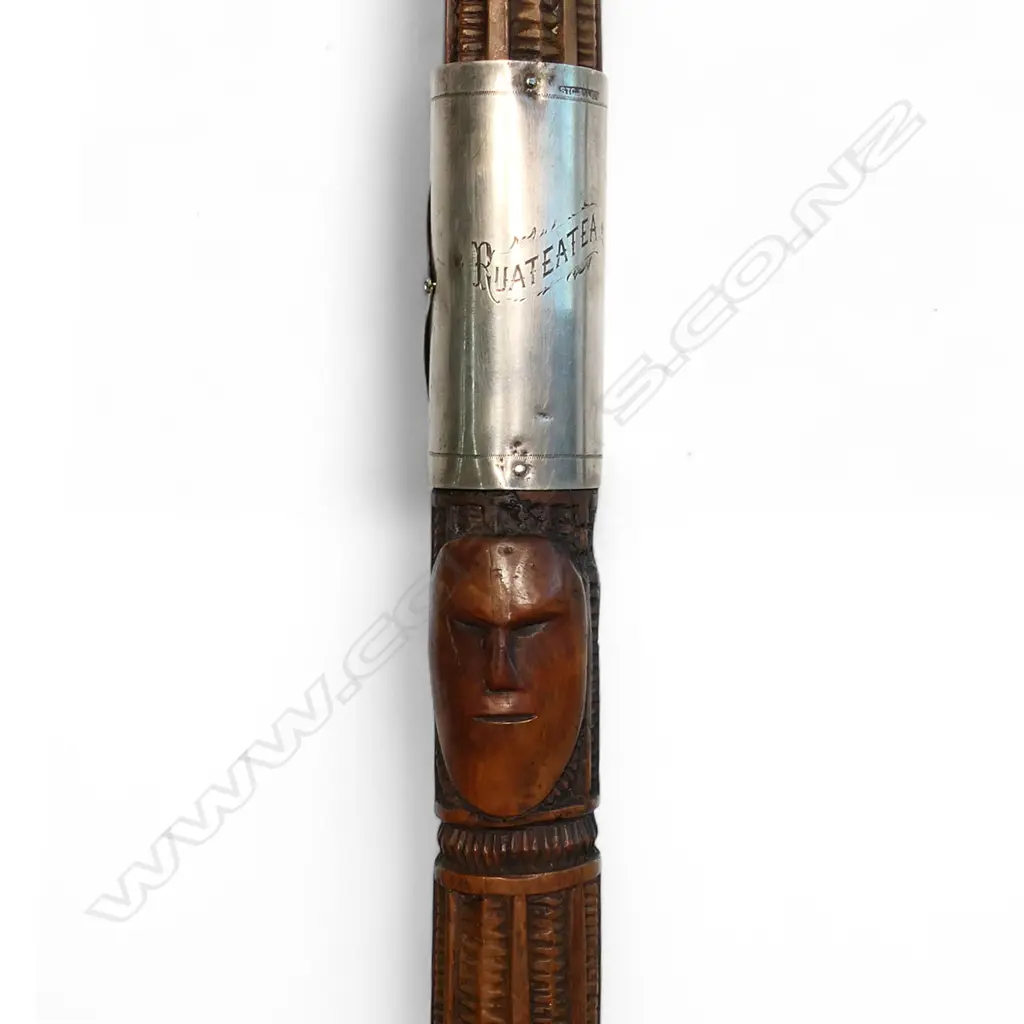 A Māori tokotoko (walking stick) with wide silver band engraved 'Ruateatea', Image 1++