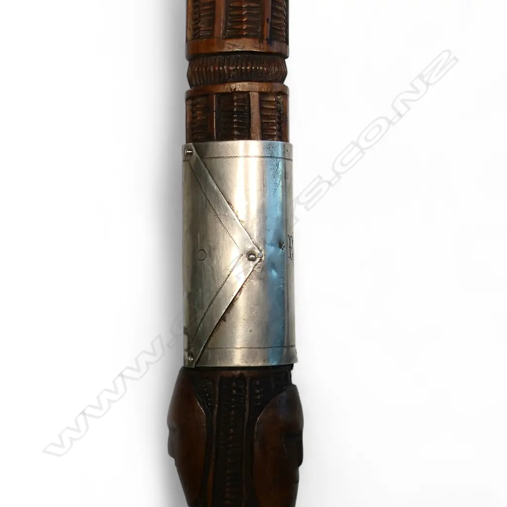 A Māori tokotoko (walking stick) with wide silver band engraved 'Ruateatea', Image 1++
