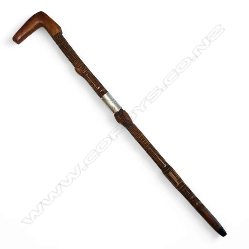 A Māori tokotoko (walking stick) with wide silver band engraved 'Ruateatea', Image 1++