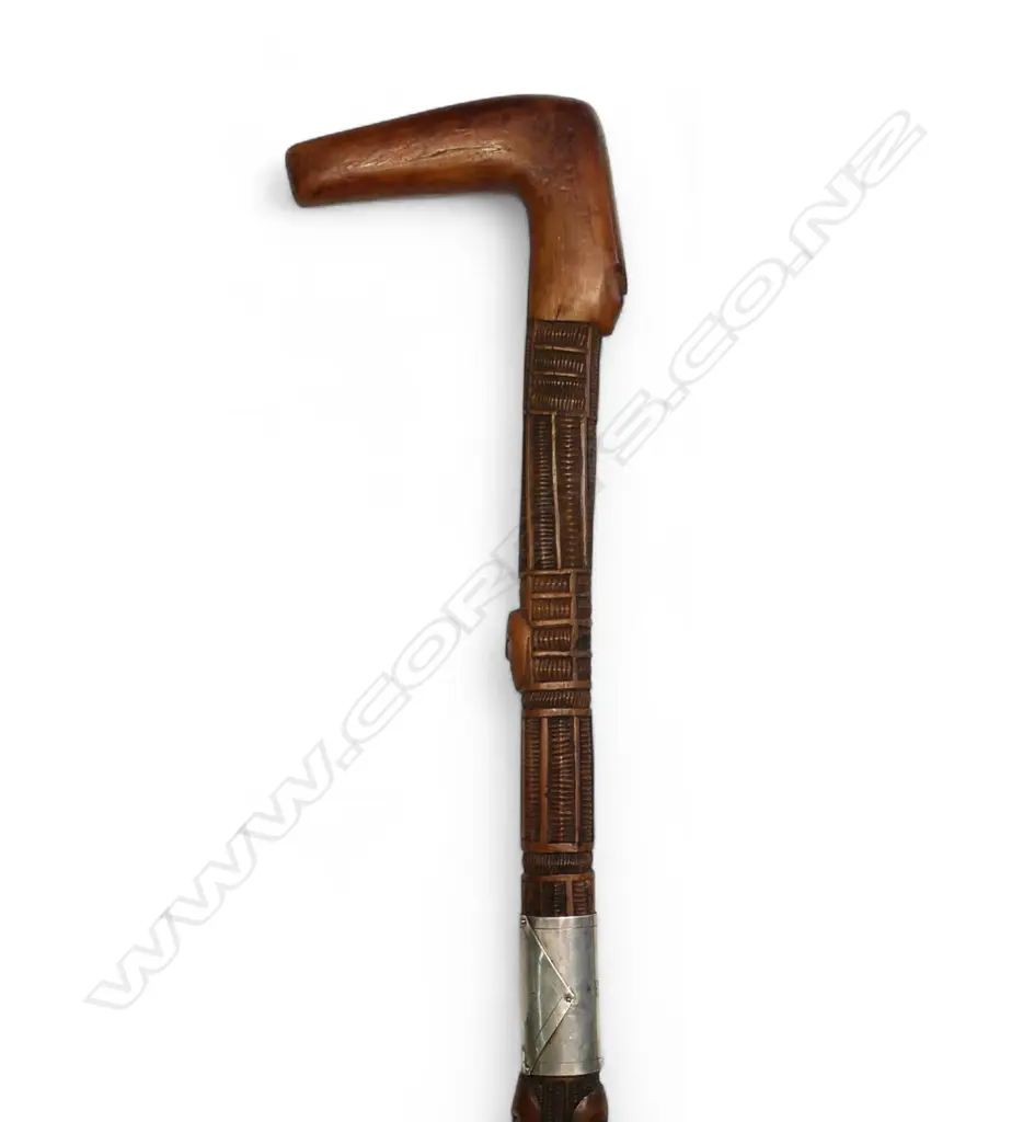 A Māori tokotoko (walking stick) with wide silver band engraved 'Ruateatea', Image 1++