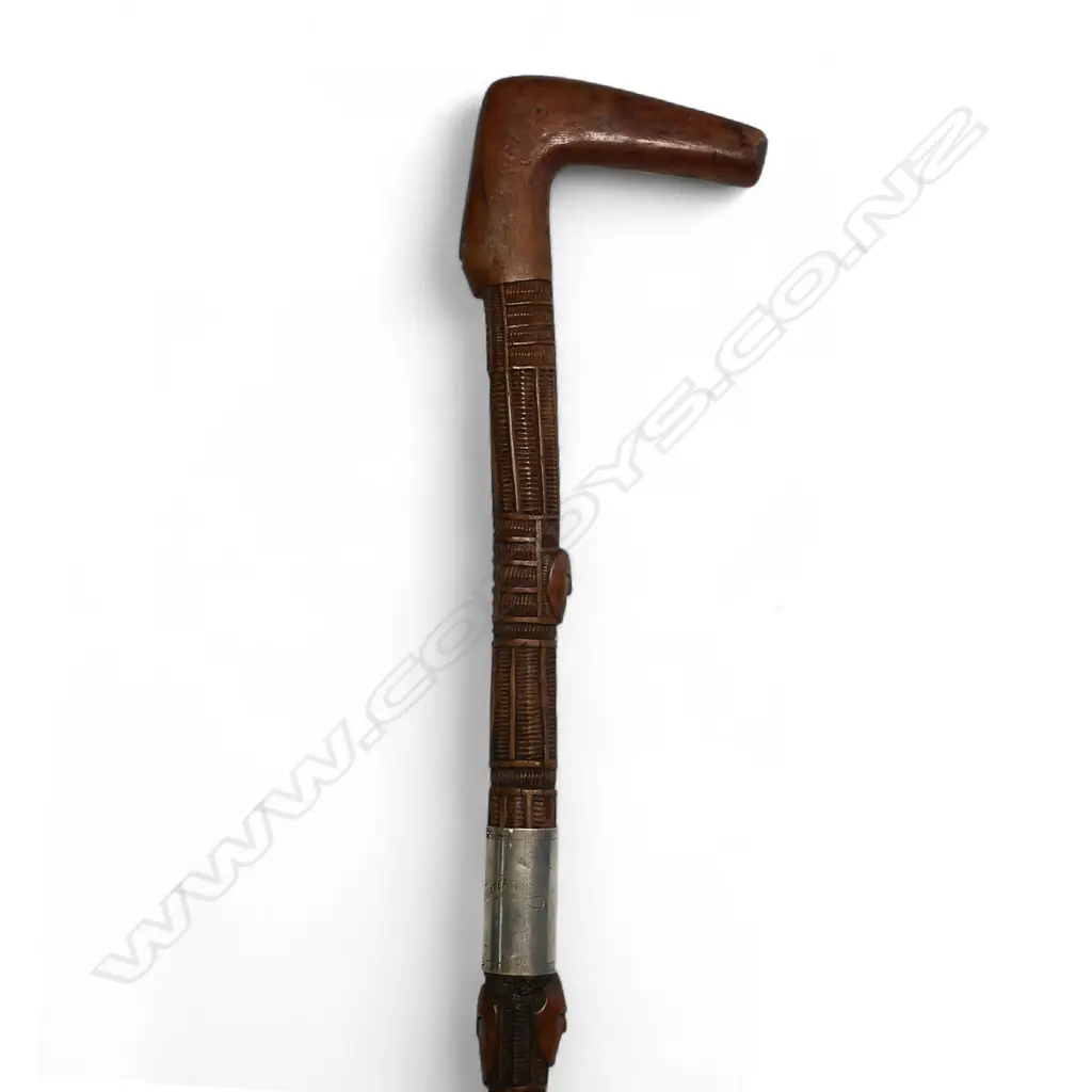 A Māori tokotoko (walking stick) with wide silver band engraved 'Ruateatea', Image 1++