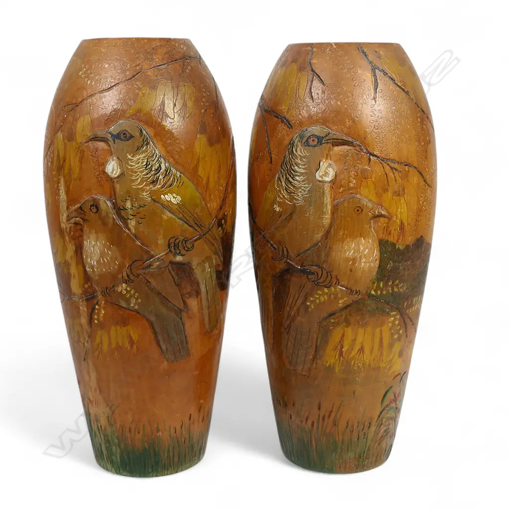 A pair of Jane Brenkley (1882-1973) tui decorated vases Image 1++