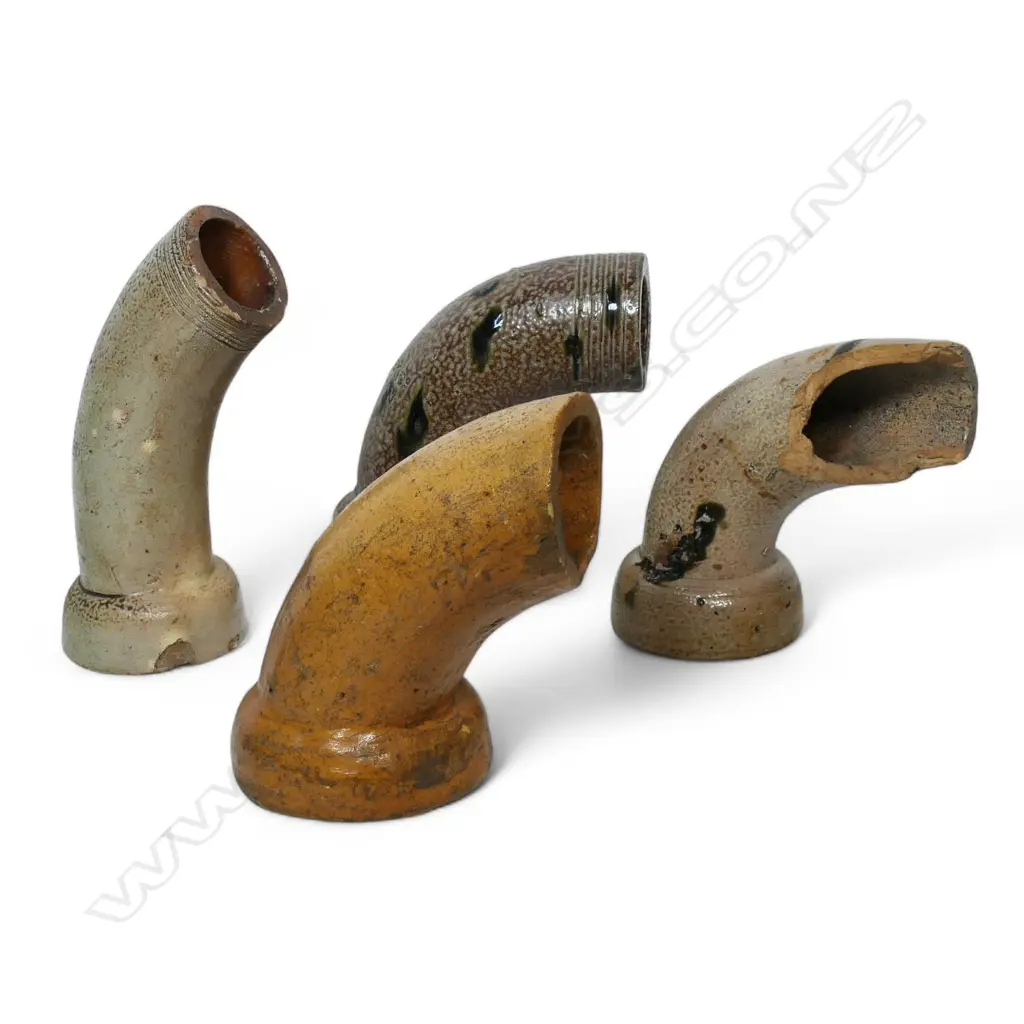 Four NZ colonial salt glaze pipe bends, Image 1++