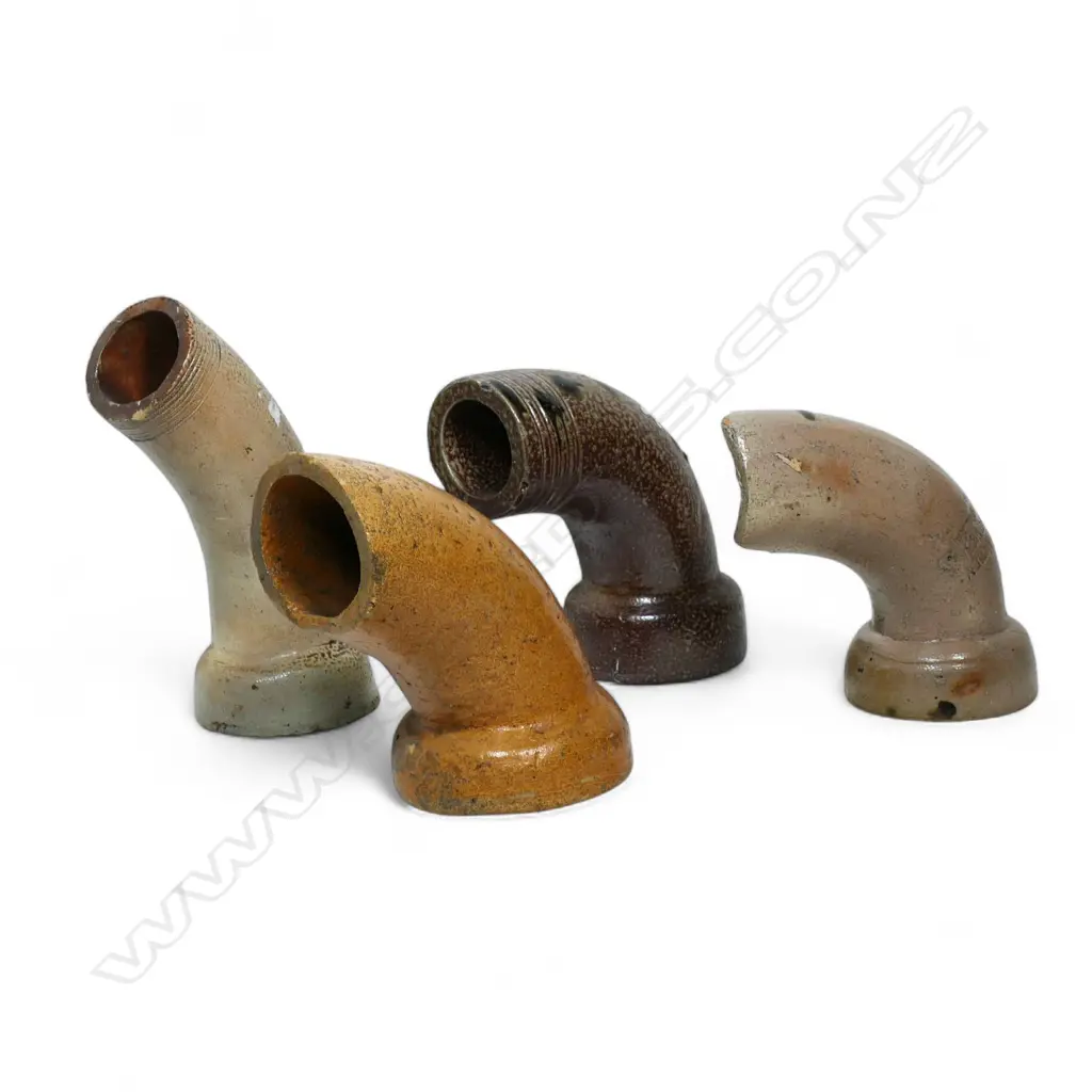 Four NZ colonial salt glaze pipe bends, Image 1++