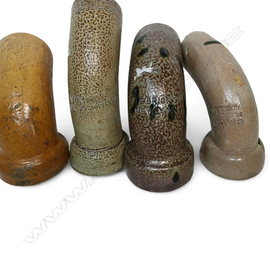 Four NZ colonial salt glaze pipe bends, Image 1++
