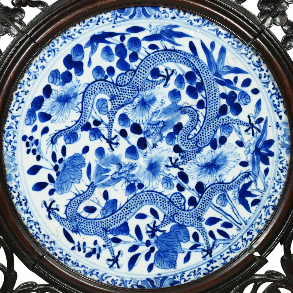 An old Oriental blue and white porcelain panel in carved & pierced wall hanging frame, Image 1++