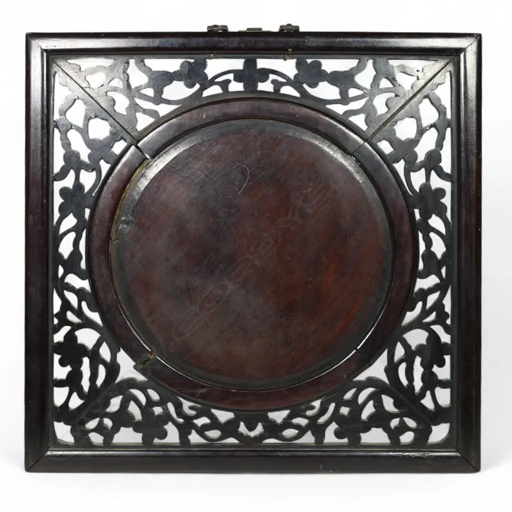 An old Oriental blue and white porcelain panel in carved & pierced wall hanging frame, Image 1++