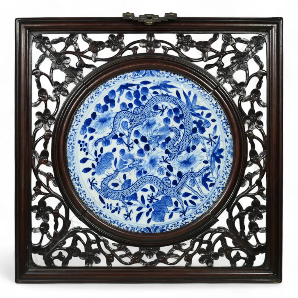 An old Oriental blue and white porcelain panel in carved & pierced wall hanging frame, Image 1++