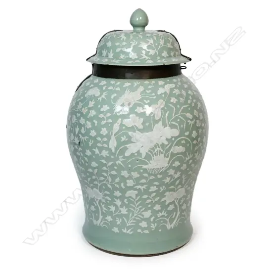 A 19thC large celadon porcelain pâte sur pâte ginger jar,