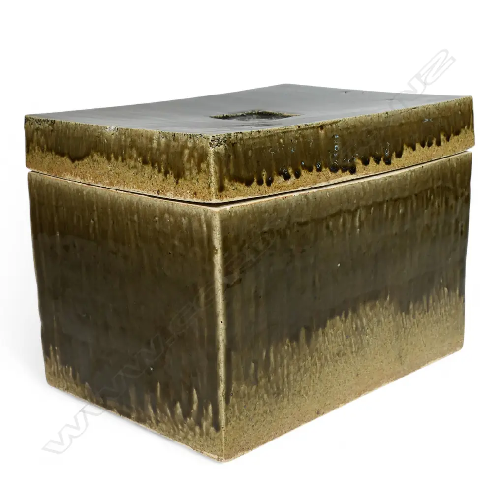 An uncommon vintage Japanese studio art pottery covered large rectangular lidded box, Image 1++