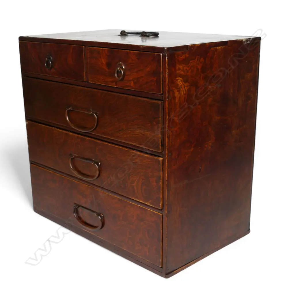 A 19thC Japanese burr wood collector's chest, Image 1++