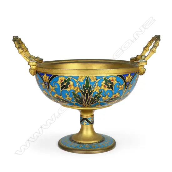 A 19thC Napoleon III period gilt bronze and cloisonne enamel tazza cup,