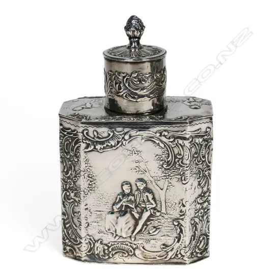 A late 19thC German Hanau silver fancy tea caddy,