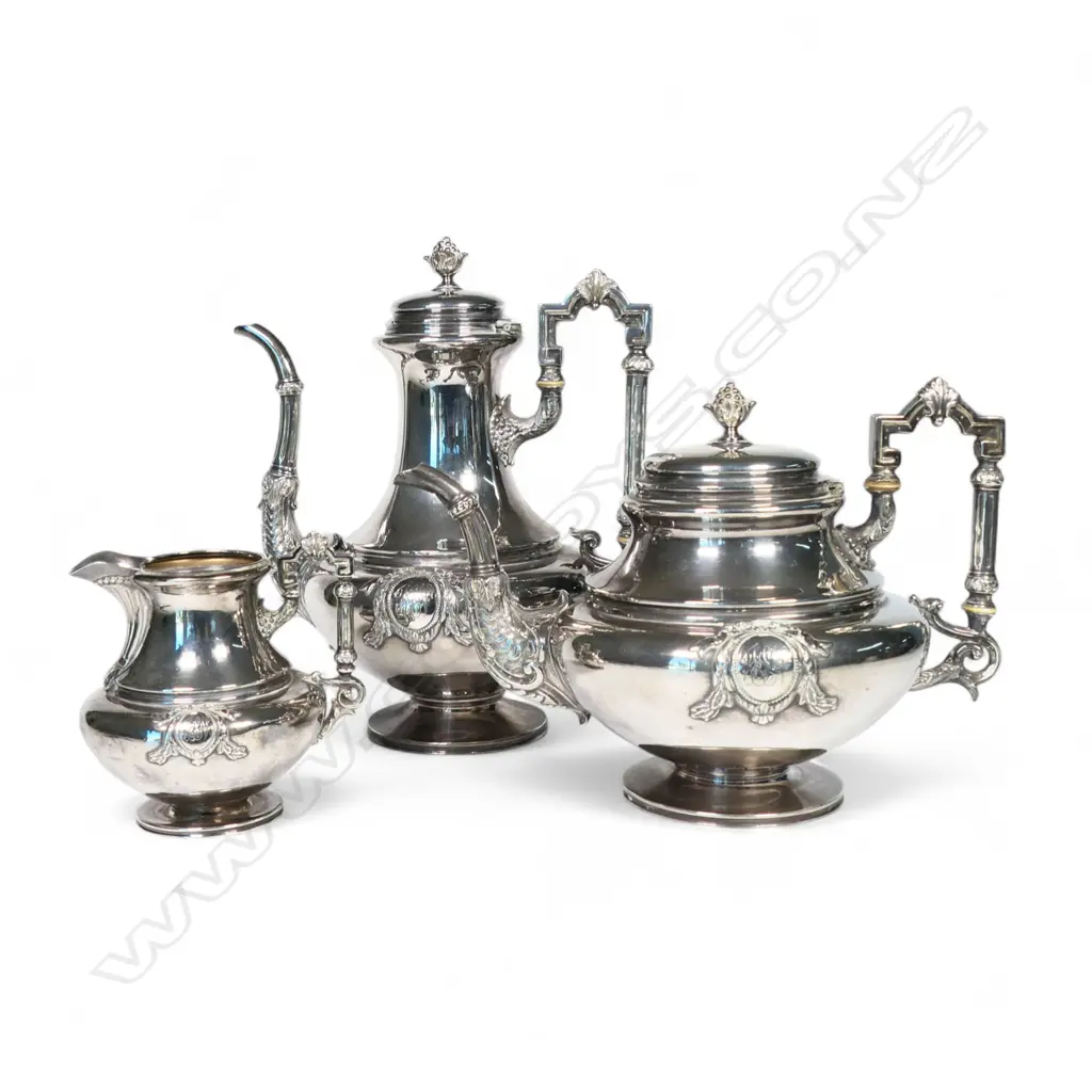 19thC Debain & Flamant French silver neo-classical three-piece tea and coffee set, Image 1++