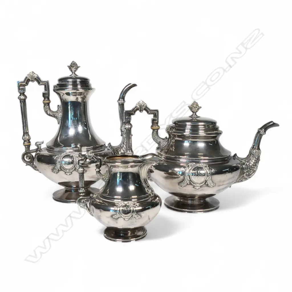19thC Debain & Flamant French silver neo-classical three-piece tea and coffee set, Image 1++