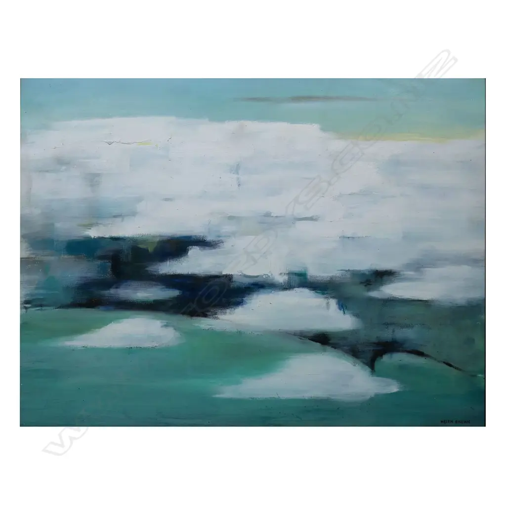 Helen Brown (1917-86) untitled aerial view - clouds over coast. Oil on board. Signed. 670 x 885mm. Private collection Red Beach, Image 1++