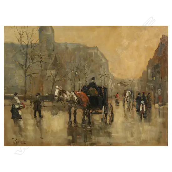 Dutch artist unknown, street scene with horse drawn carriages,