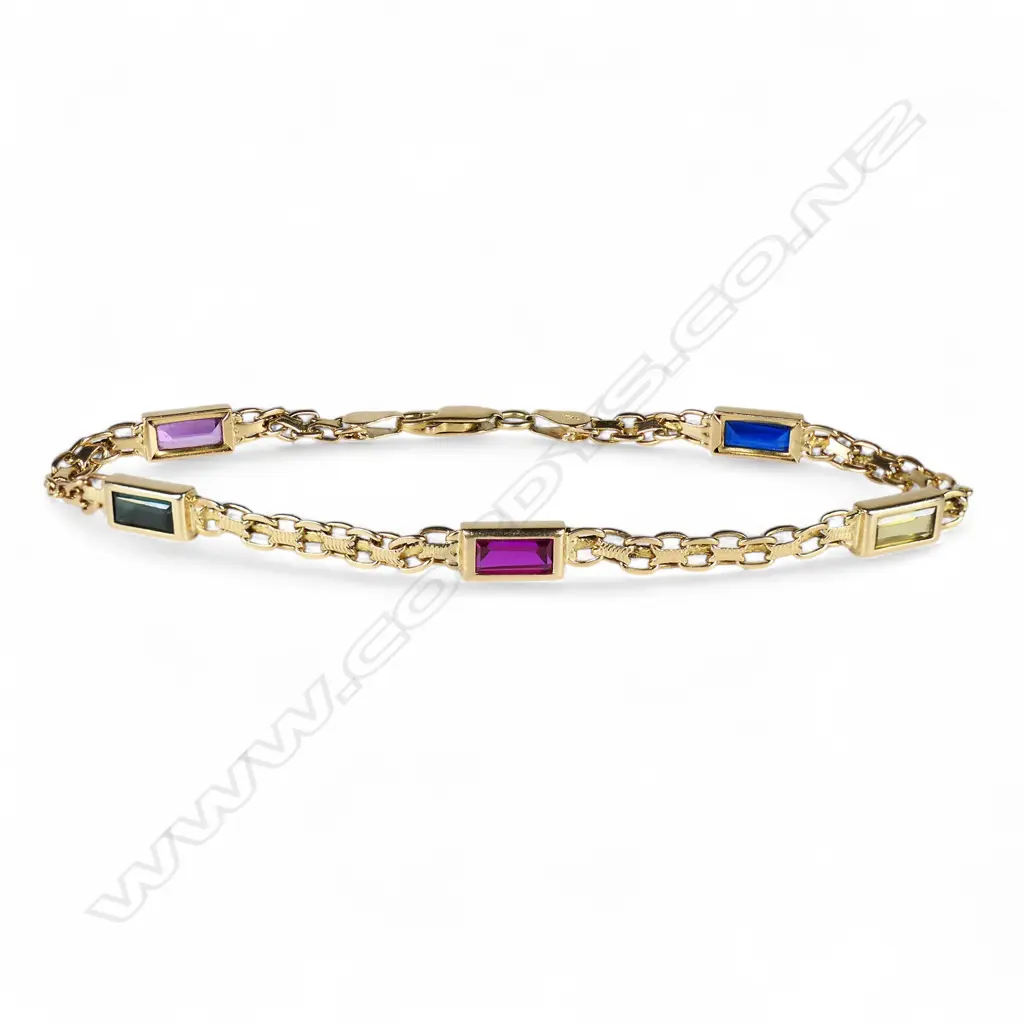 A 14ct gold and multi-coloured gemstone chain bracelet, Image 1++