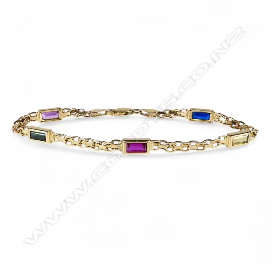 A 14ct gold and multi-coloured gemstone chain bracelet,