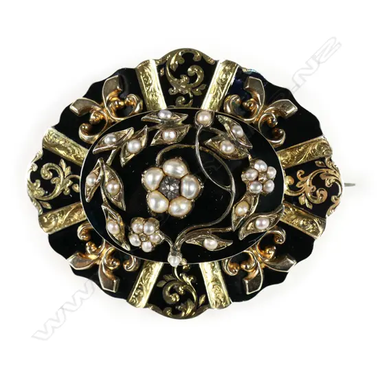 A large and impressive 19thC 9ct gold enamelled and jewelled mourning brooch,