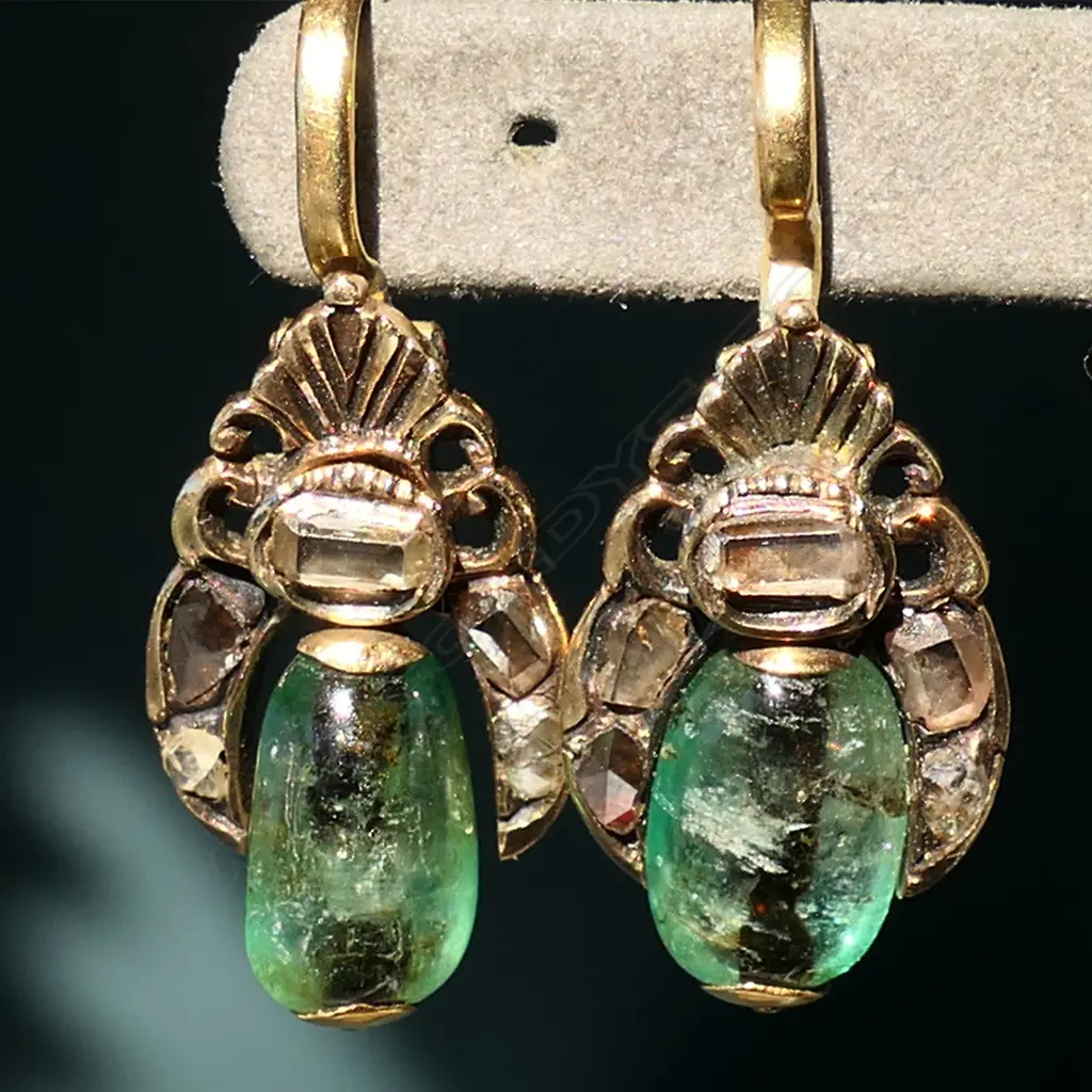A pair of 19thC 15ct gold emerald and diamond drop earrings, Image 1++