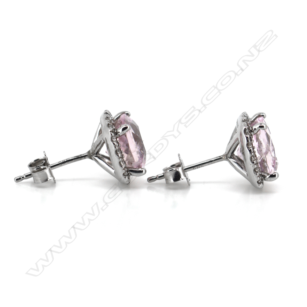 A pair of 14ct white gold morganite and diamond halo stud earrings, Image 1++