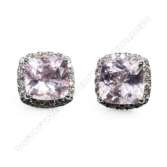 A pair of 14ct white gold morganite and diamond halo stud earrings,