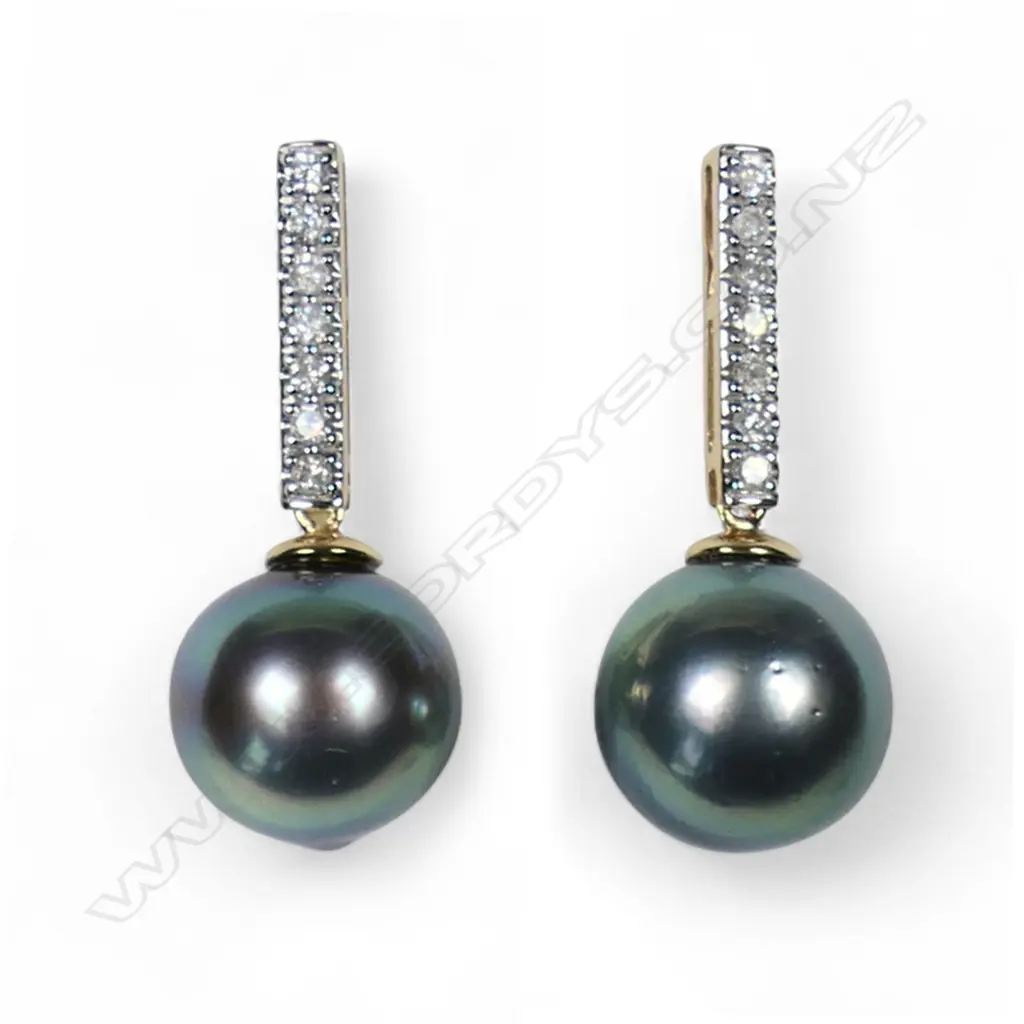 A pair of 14ct gold cultured Tahitian pearl and diamond drop earrings, Image 1++