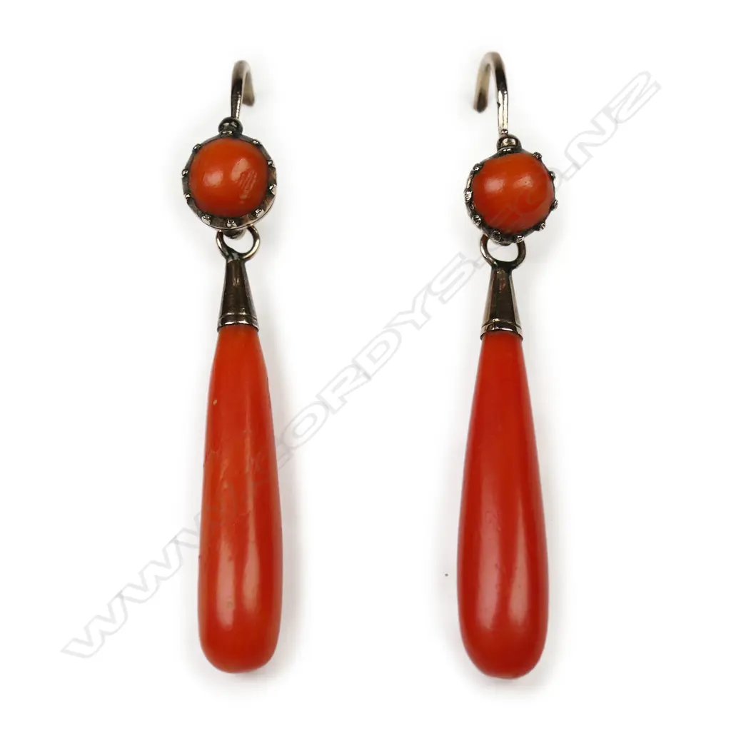A pair of Victorian 9ct rose gold and red coral drop earrings, Image 1++