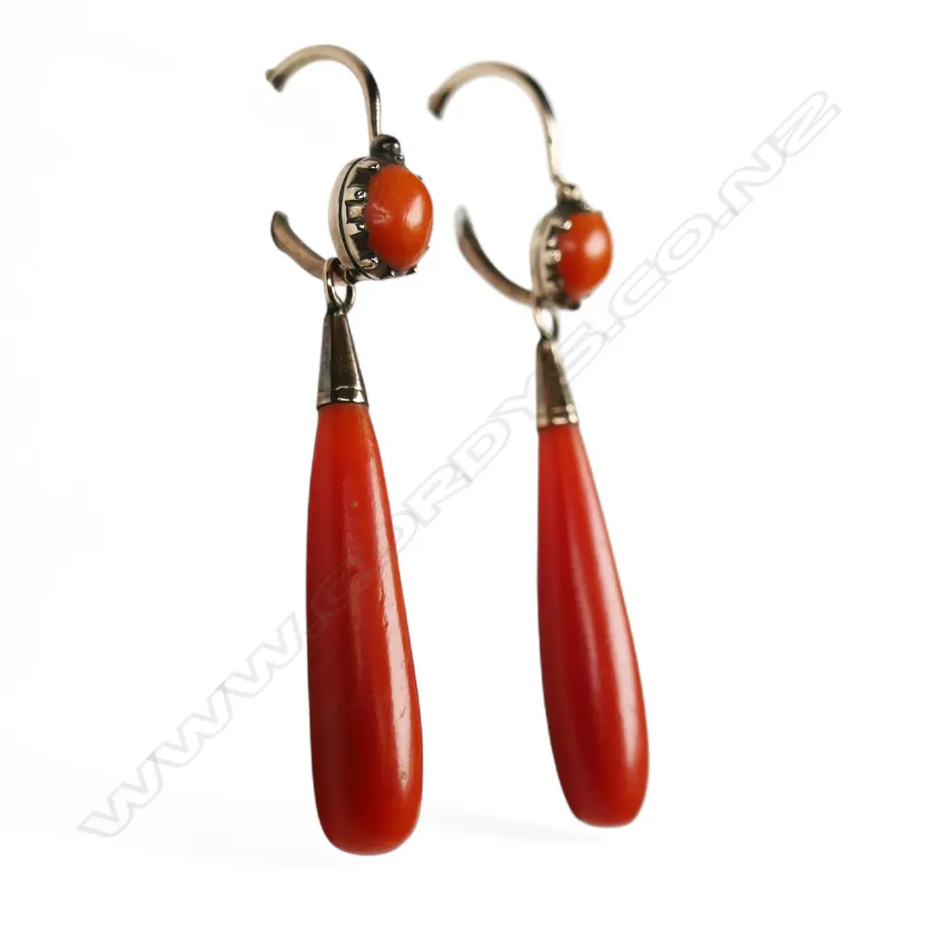 A pair of Victorian 9ct rose gold and red coral drop earrings, Image 1++