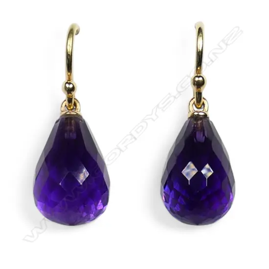 A pair of 18ct gold and amethyst drop earrings,