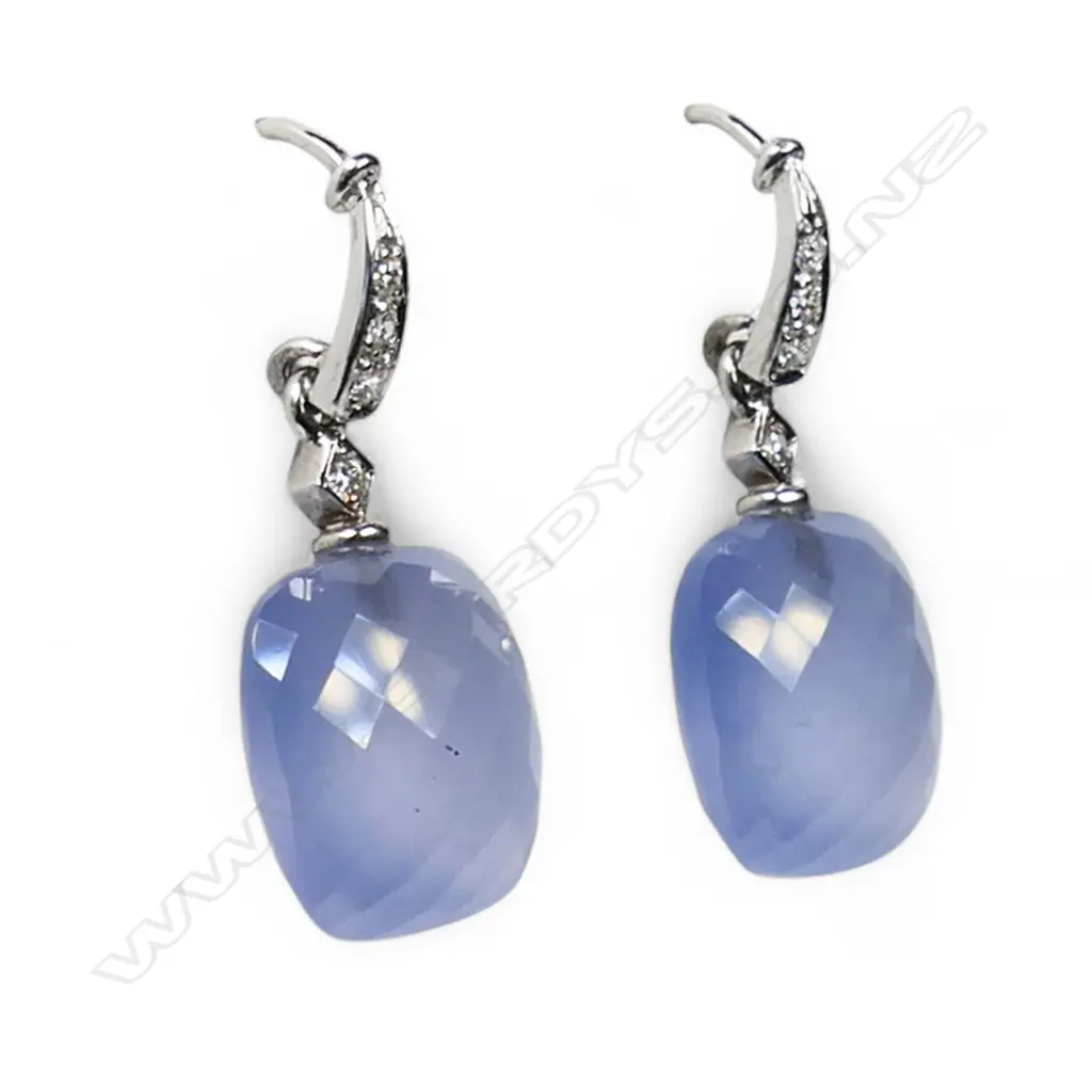 A pair of 18ct white gold and chalcedony earrings, Image 1++